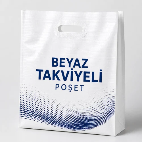 beyaz takviyeli poşet baskılı dayanıklı mağaza alışveriş poşeti